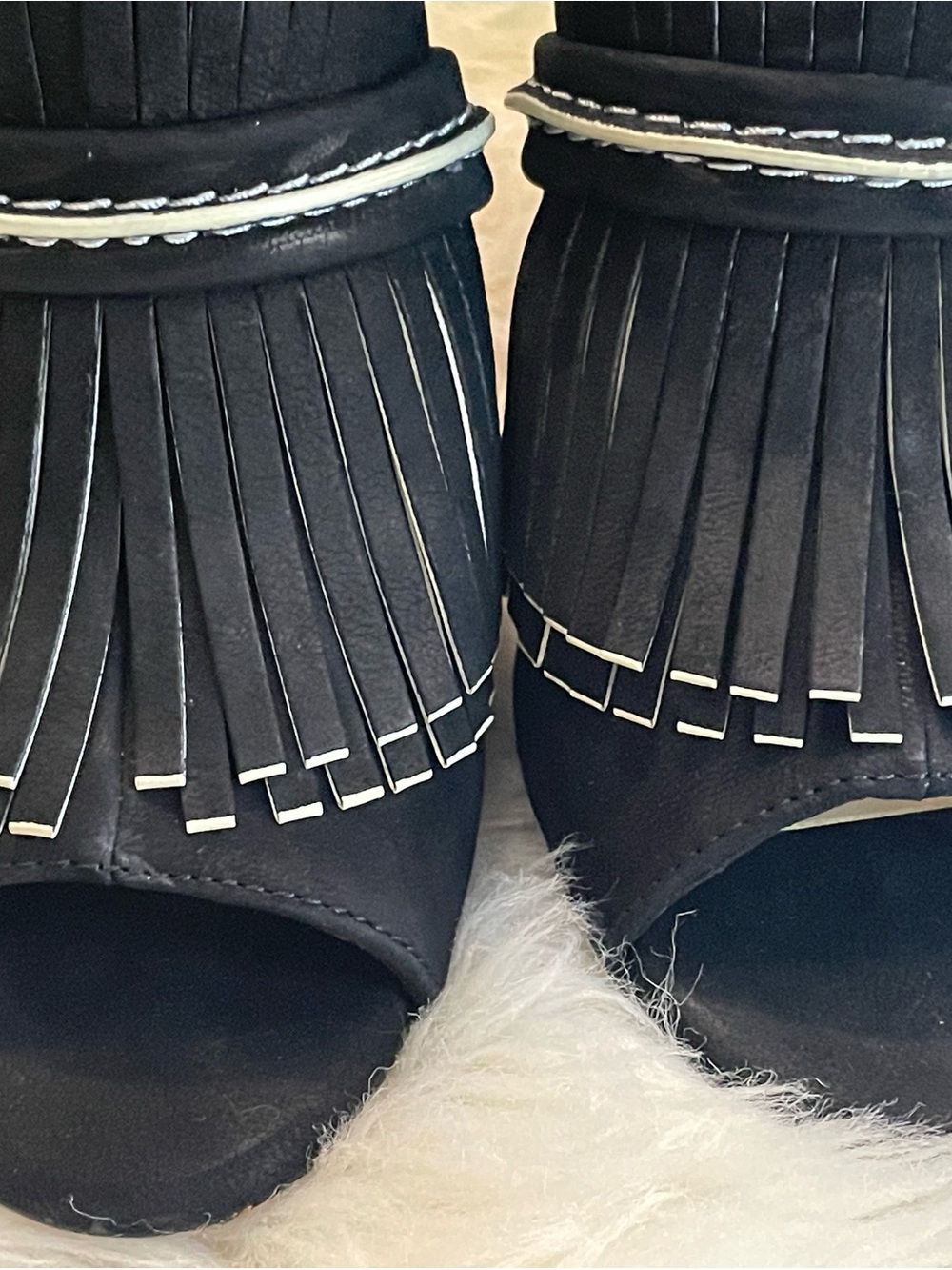 Gianni Bini Black Suede Fringe Peep-toe Heel with Metallic Gold - Picture 11 of 14